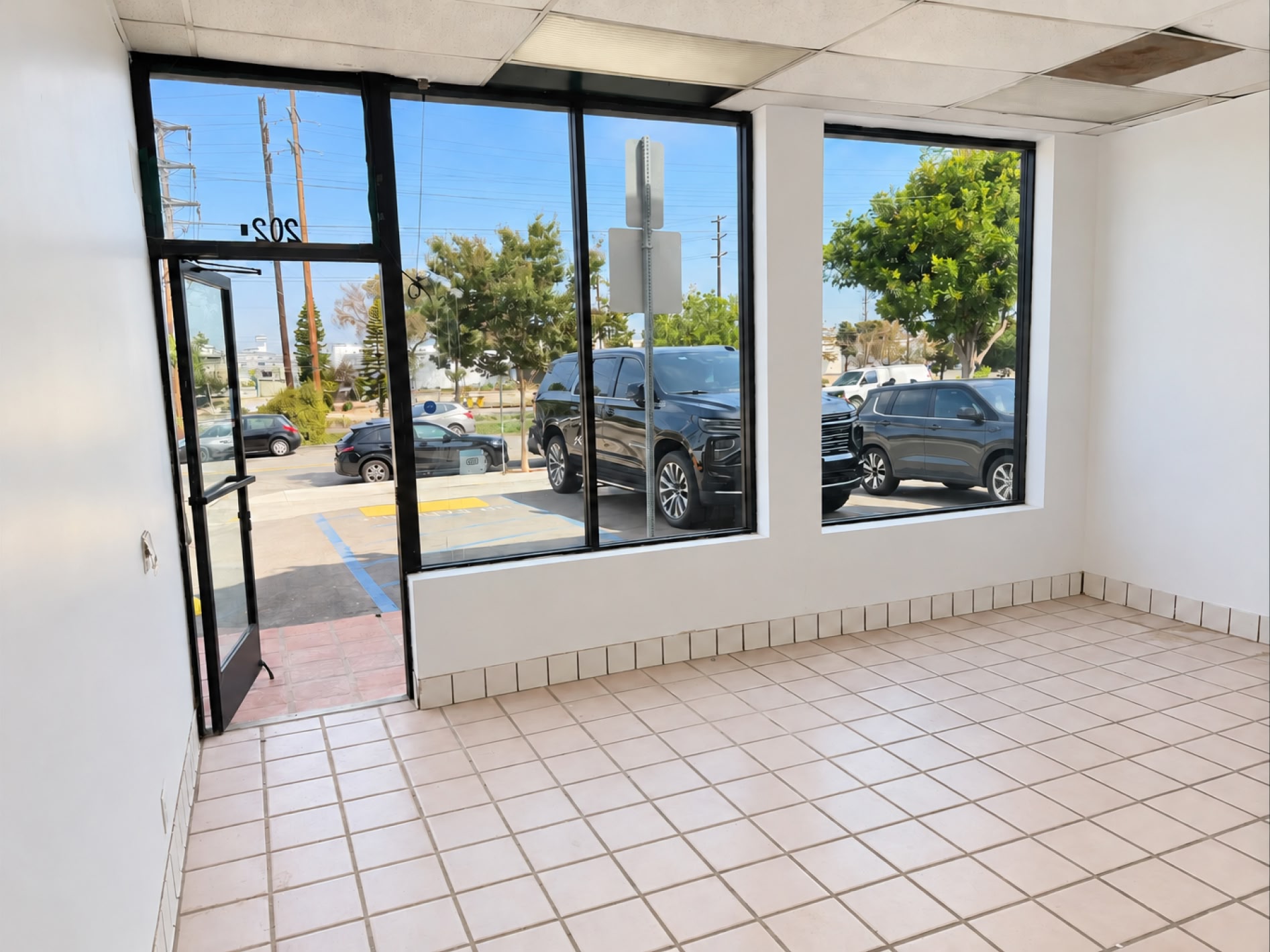 Interior corner with floor-to-ceiling storefront windows