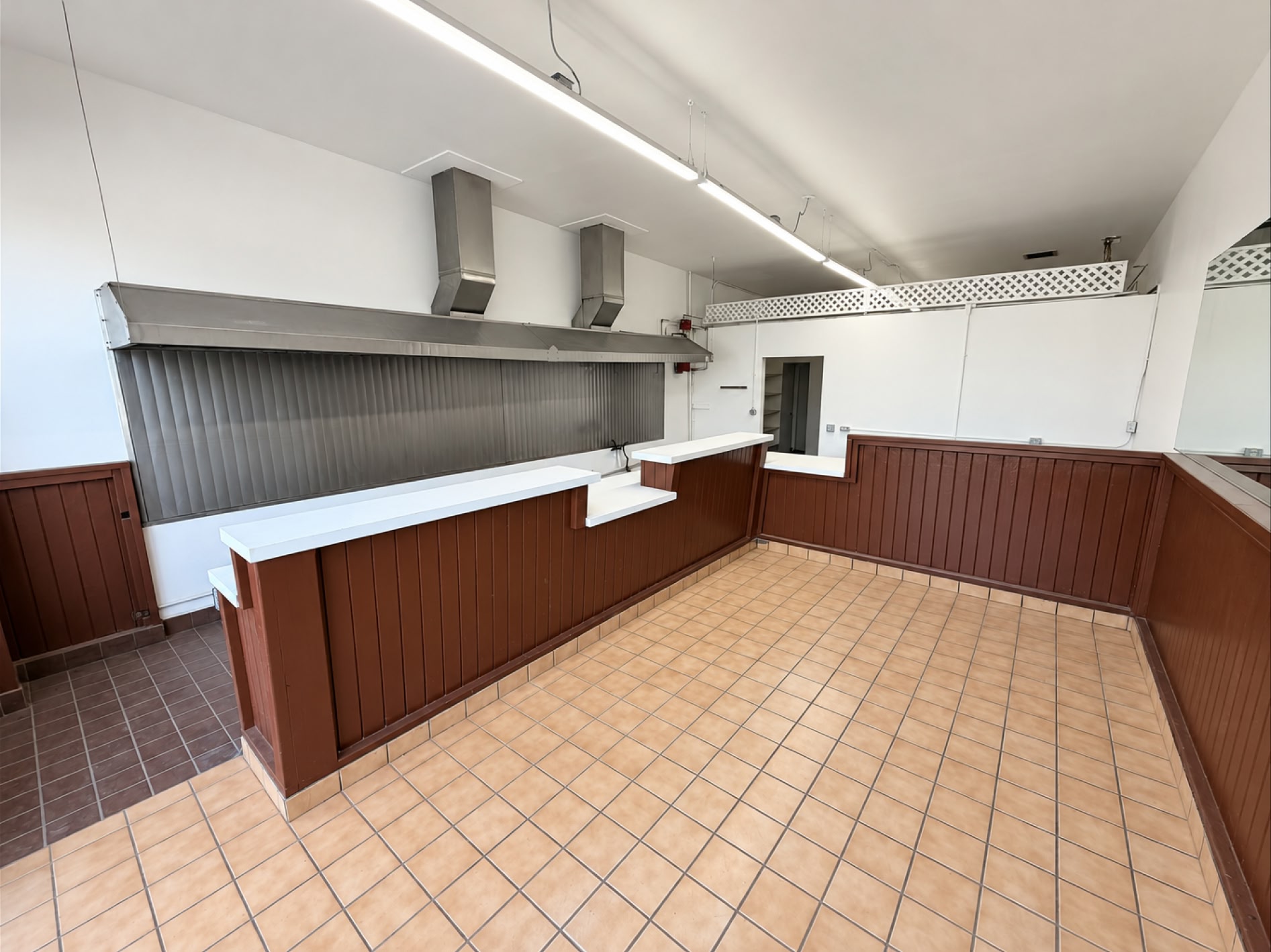 Commercial kitchen area with stainless exhaust hoods